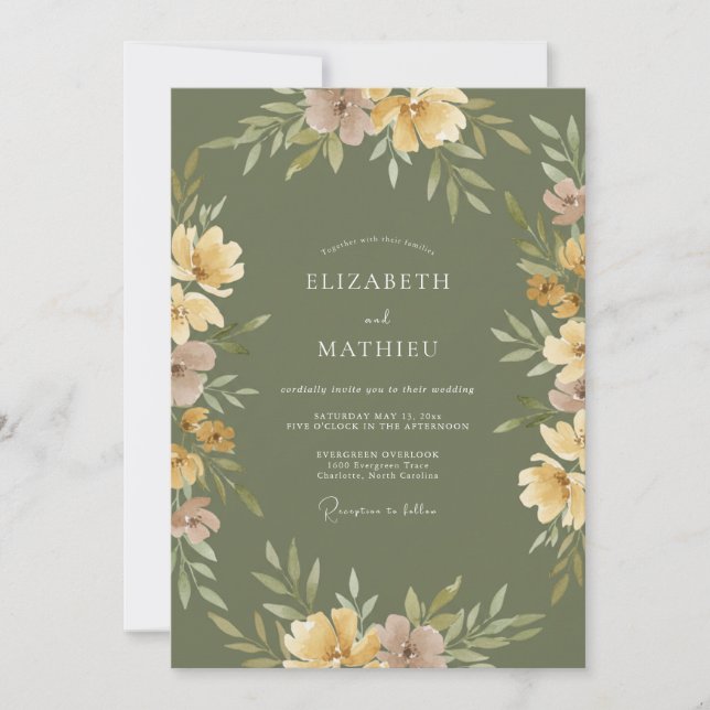 Invitation Mariage Rustique Aquarelle Jaune Olive (Devant)