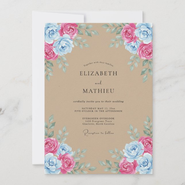 Invitation Mariage rustique aquarelle rose bleu (Devant)