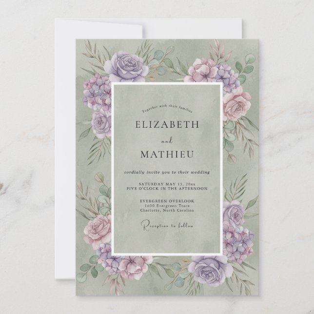 Invitation Mariage rustique aquarelle vert sauge (Devant)