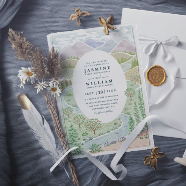 Invitation Mariage rustique au bord du lac avec rivière et fo (Créateur téléchargé)