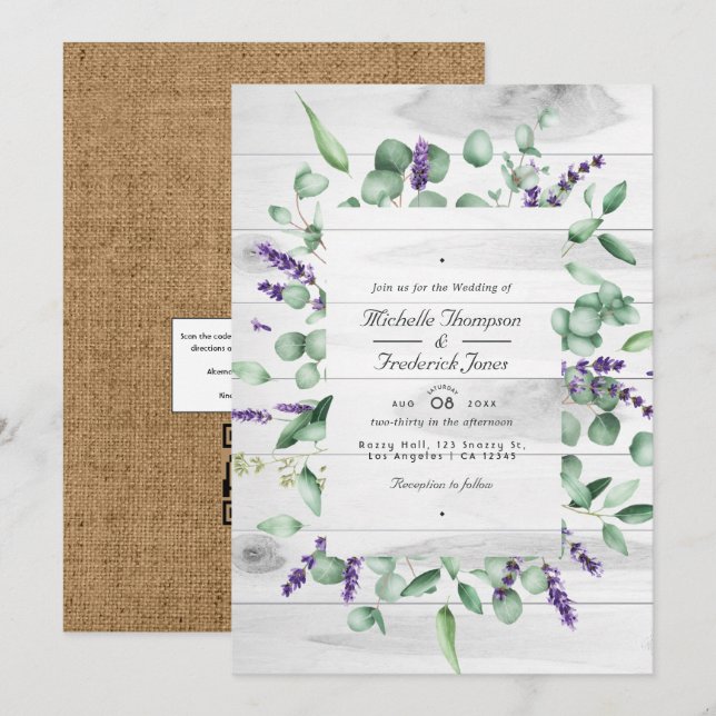 Invitation Mariage Rustique au Code QR Lavande Eucalyptus (Devant / Derrière)