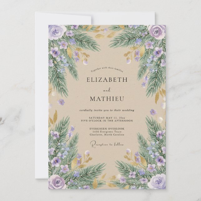 Invitation Mariage Rustique au Pin Aquarelle Lavande (Devant)