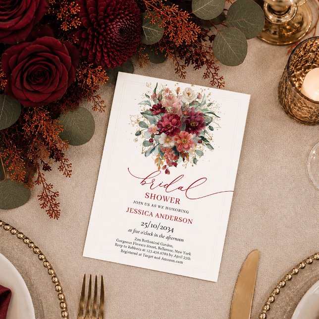 Invitation Mariage rustique automnal en Bourgogne doré et Euc (Rustic Burgundy Gold Eucalyptus autumn bridal shower invitation

)