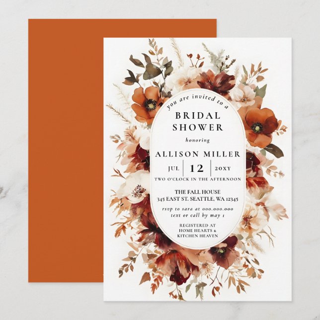 Invitation Mariage rustique automnal orange brûlé burgundy (Devant / Derrière)