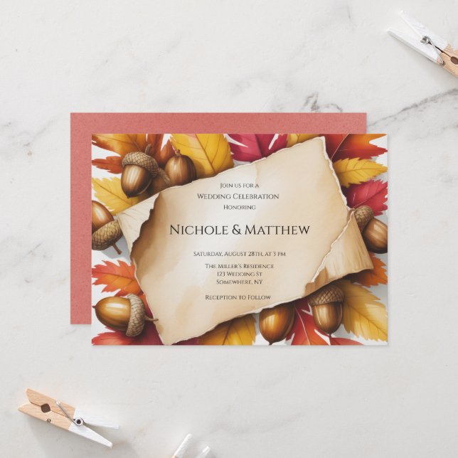 Invitation Mariage rustique aux feuilles d'automne et glands  (Devant/Arrière en situation)
