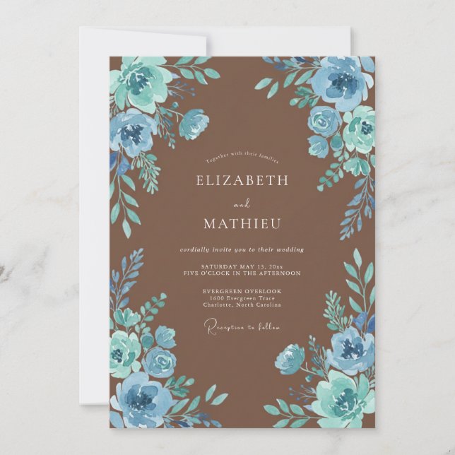 Invitation Mariage rustique aux fleurs bleu poussiéreux (Devant)