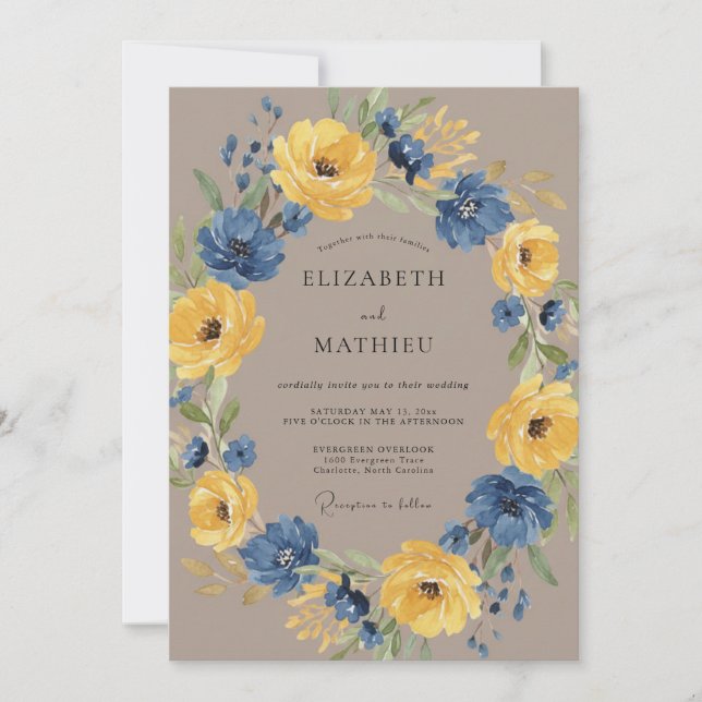 Invitation Mariage rustique aux fleurs bleues marine (Devant)