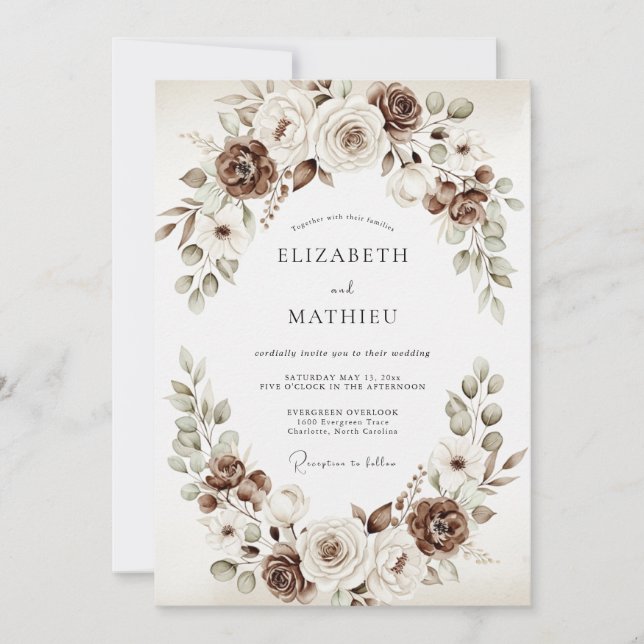 Invitation Mariage Rustique aux Fleurs Brunes (Devant)
