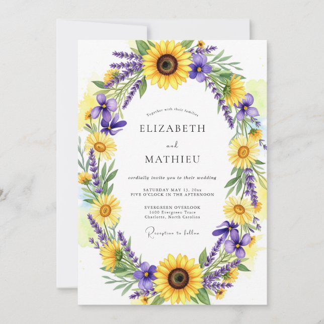 Invitation Mariage Rustique aux Fleurs Jaunes (Devant)