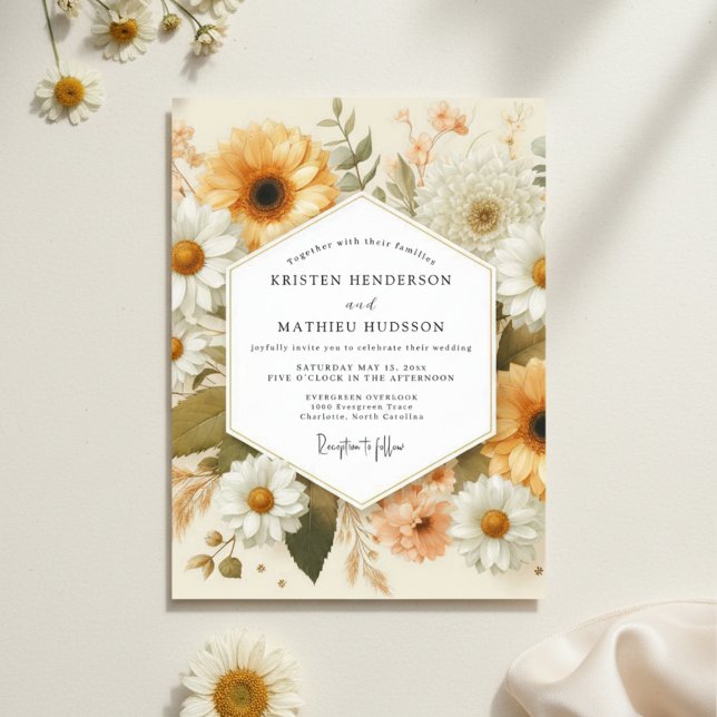 Invitation Mariage rustique aux fleurs ocre (Créateur téléchargé)