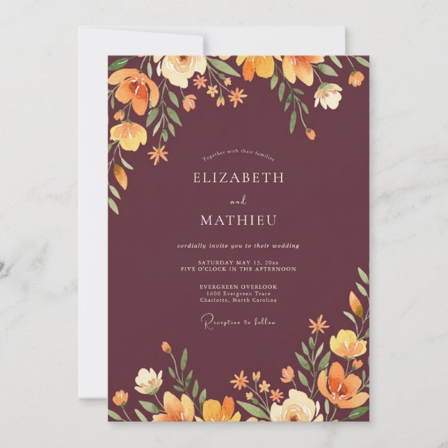 Invitation Mariage Rustique aux Fleurs Sauvages Abricot Prune (Devant)