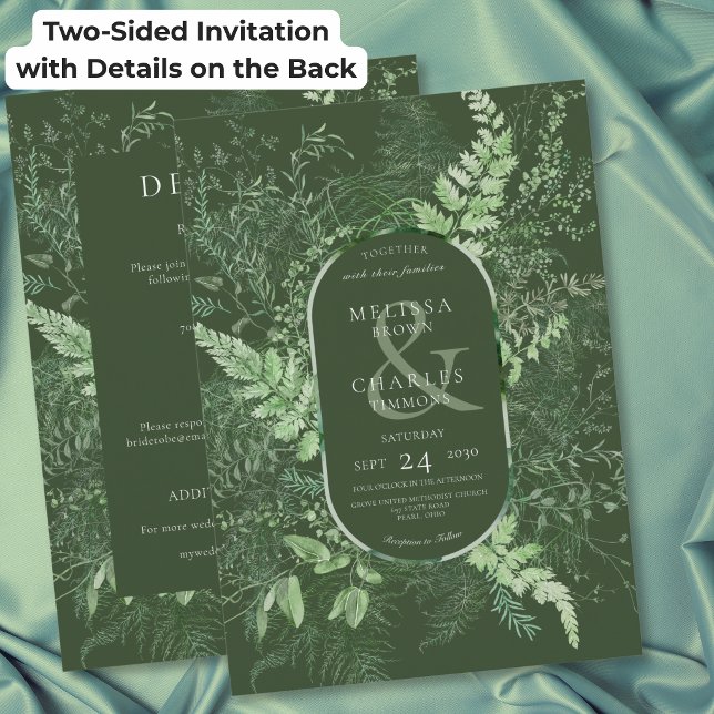 Invitation Mariage rustique aux fougères vertes feuillage ver (Rustic Fern Green Foliage Green Two Sided Wedding Invitation)
