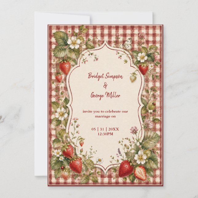Invitation Mariage rustique aux fraises cottage Gingham Jardi (Devant)