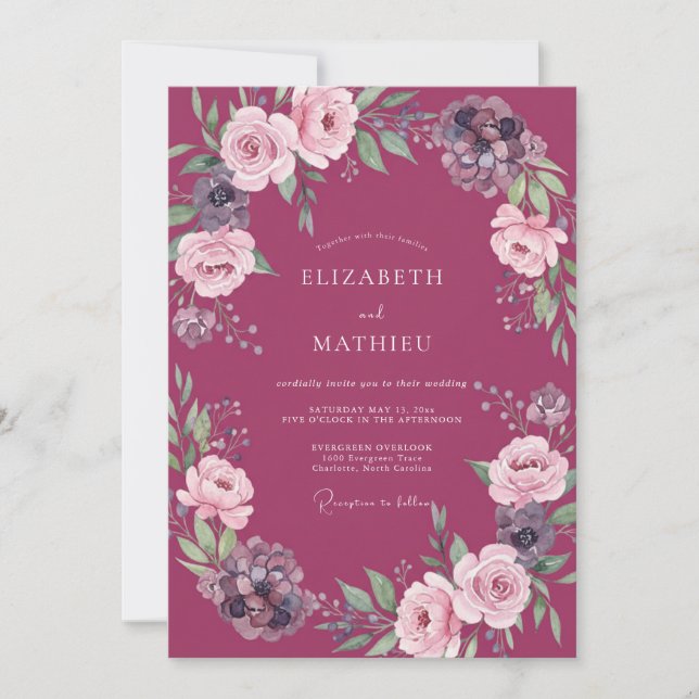 Invitation Mariage rustique aux pivoines magenta (Devant)