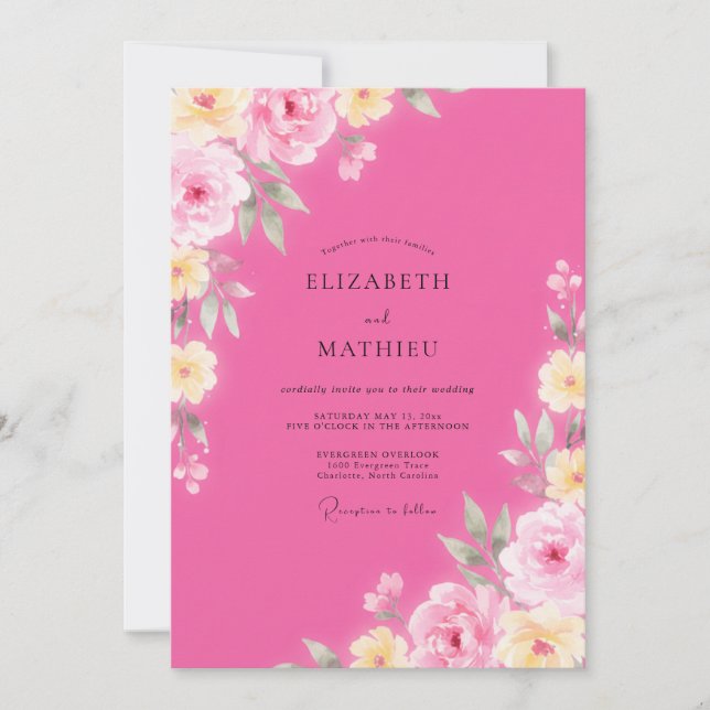 Invitation Mariage Rustique aux Pivoines Magenta Jaune (Devant)