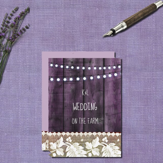 Invitation mariage rustique avec bois , dentelle , guirlandes (Créateur téléchargé)