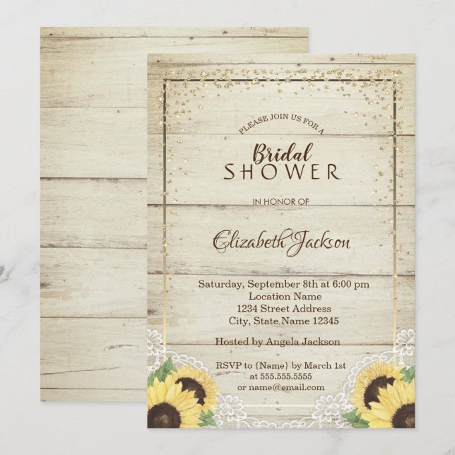 Invitation Mariage rustique avec dentelle, tournesols, diaman (Devant / Derrière)