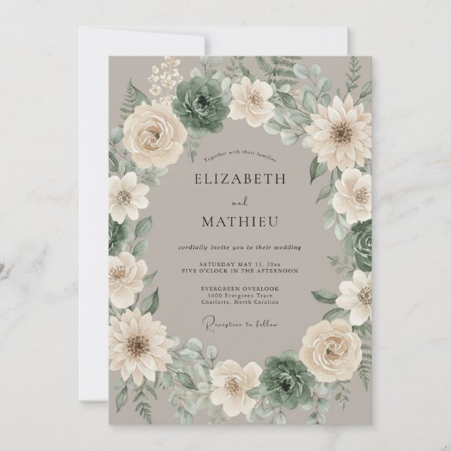 Invitation Mariage rustique avec des succulentes vert sauge (Devant)
