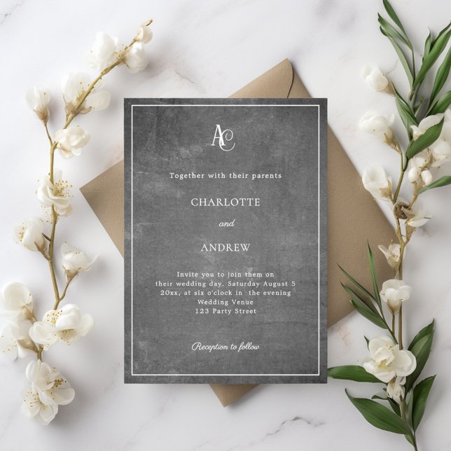 Invitation Mariage rustique avec monogramme moderne gris (Créateur téléchargé)