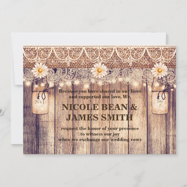 Invitation Mariage Rustique avec Pots Mason Éclairés Daises & (Devant)