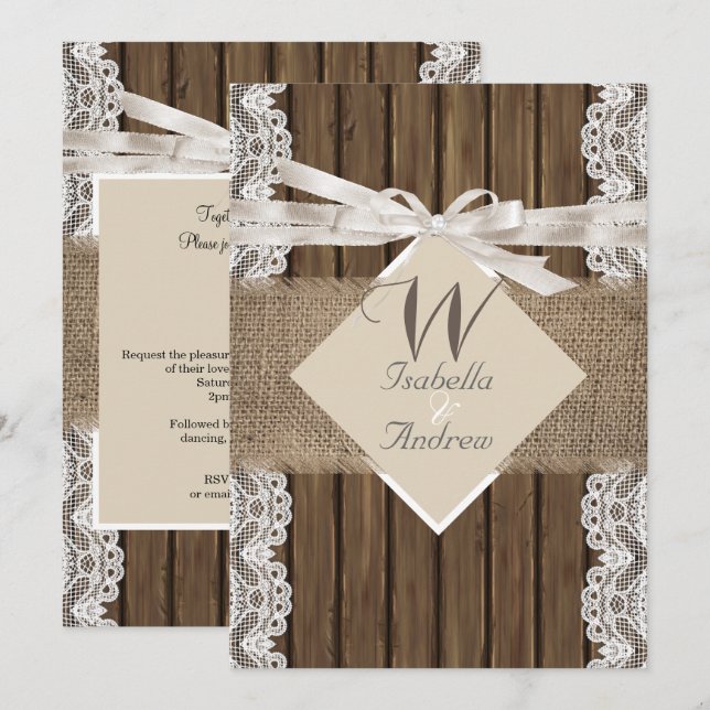 Invitation Mariage Rustique Beige Blanc Broderie Bois Toile d (Devant / Derrière)