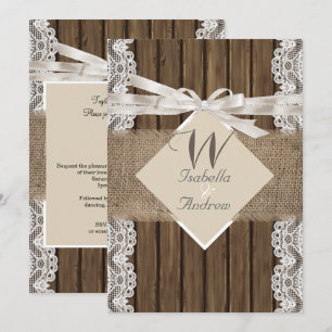 Invitation Mariage Rustique Beige Blanc Broderie Bois Toile d