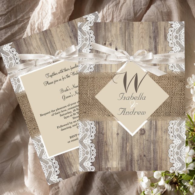 Invitation Mariage Rustique Beige Blanc Dentelle Bois Burlap  (Créateur téléchargé)