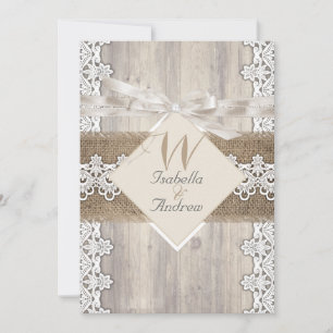 Invitation Mariage Rustique Beige Blanc Dentelle Bois Toile d