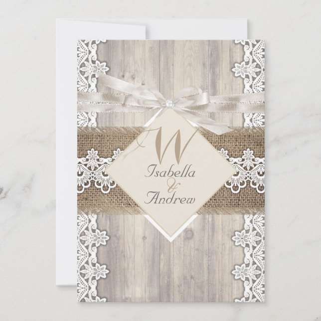 Invitation Mariage rustique beige blanc dentelle bois toile d (Devant)