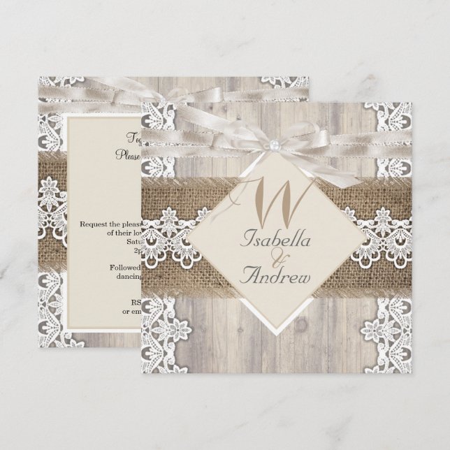 Invitation Mariage rustique beige blanc dentelle bois toile d (Devant / Derrière)