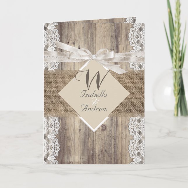 Invitation Mariage Rustique Beige Blanc Dentelle Bois Toile d (Devant)