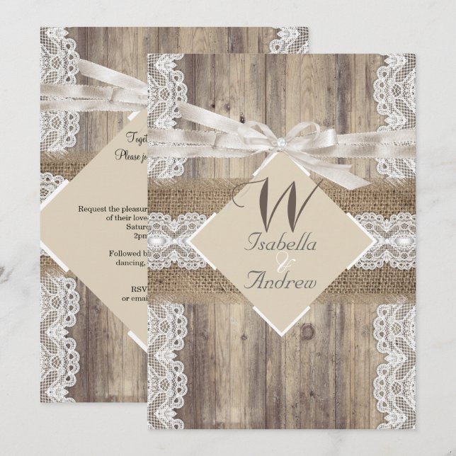 Invitation Mariage rustique beige blanc dentelle bois toile d (Devant / Derrière)