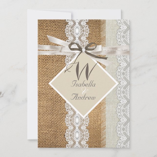 Invitation Mariage Rustique Beige Blanc Dentelle Toile de Jut (Devant)