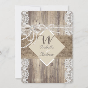Invitation Mariage Rustique Beige Dentelle de Perle Bois Toil