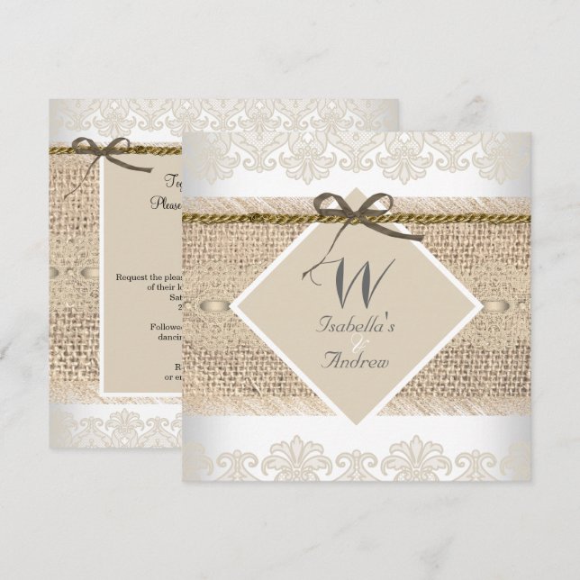 Invitation Mariage rustique beige dentelle toile de jute blan (Devant / Derrière)