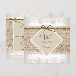 Invitation Mariage rustique beige dentelle toile de jute blan