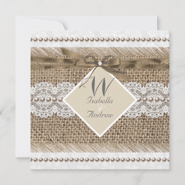 Invitation Mariage rustique beige dentelle toile de jute perl (Devant)