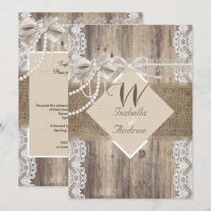 Invitation Mariage rustique beige perle dentelle bois toile d