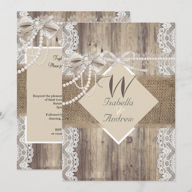 Invitation Mariage rustique beige perle dentelle bois toile d (Devant / Derrière)