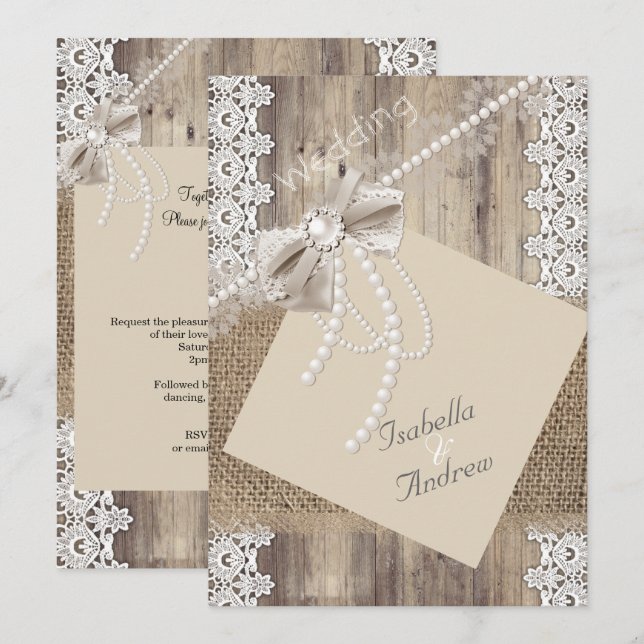Invitation Mariage rustique beige perle dentelle bois toile d (Devant / Derrière)