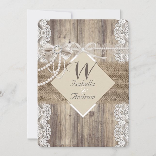 Invitation Mariage rustique beige perle dentelle bois toile d (Devant)
