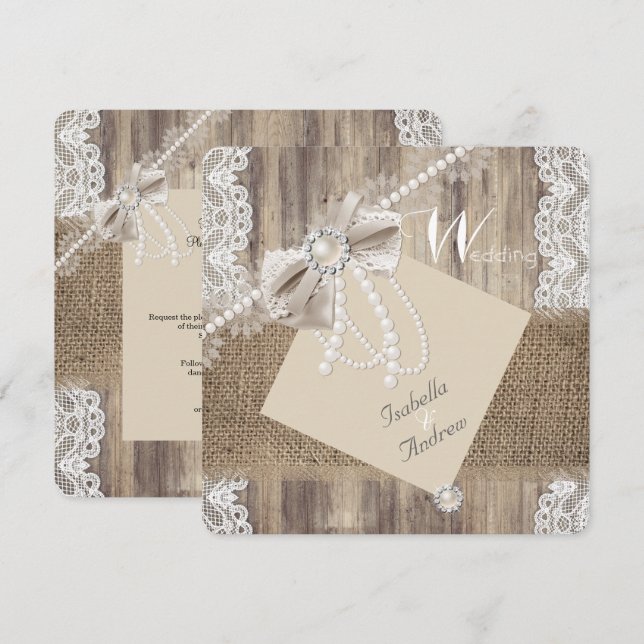 Invitation Mariage rustique beige perle dentelle bois toile d (Devant / Derrière)