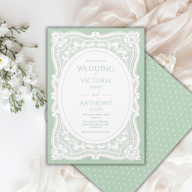 Invitation Mariage rustique blanc vintage vert pois lacé (Créateur téléchargé)