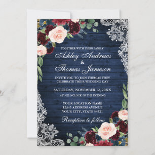 Invitation Mariage rustique Bleu Bois Bourgogne Bleu Floral