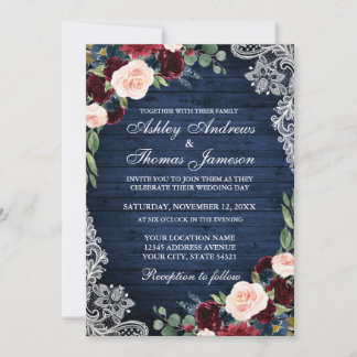 Invitation Mariage rustique Bleu Bois Bourgogne Bleu Floral