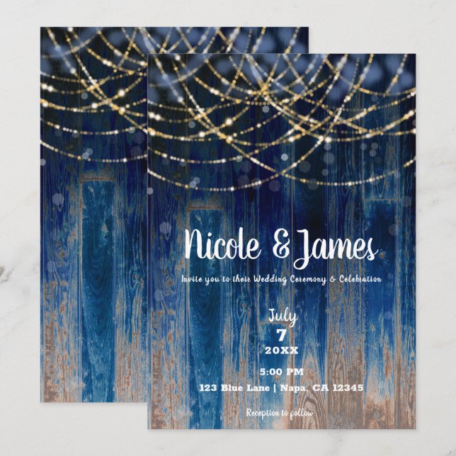 Invitation Mariage Rustique Bleu Bois de Grange Côtière Flou  (Devant / Derrière)