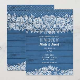 Invitation Mariage Rustique Bleu Bois Dentelle Ferme Grange