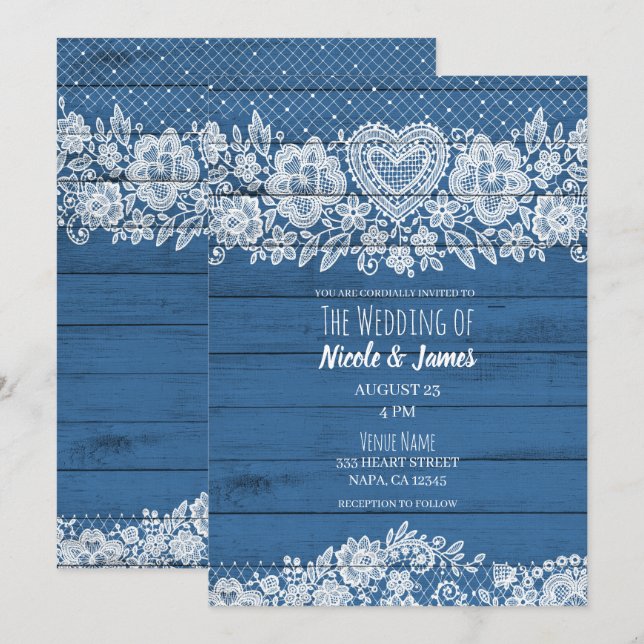 Invitation Mariage Rustique Bleu Bois Dentelle Ferme Grange (Devant / Derrière)