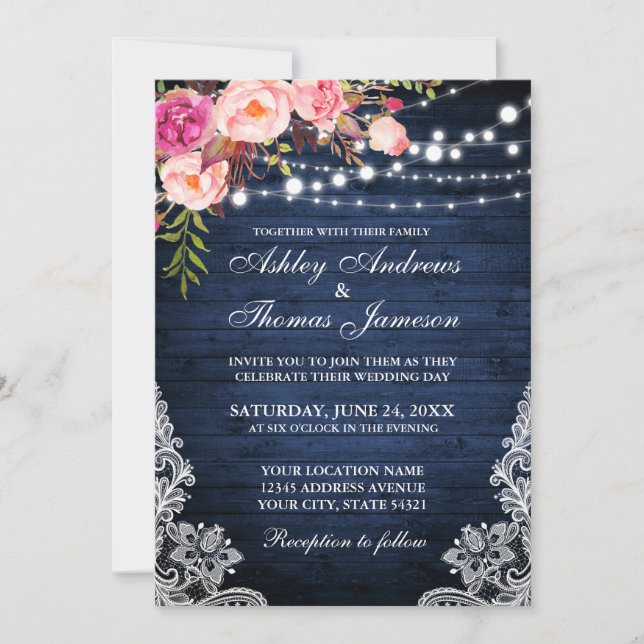 Invitation Mariage Rustique Bleu Bois Lumières Dentelle Flora (Devant)