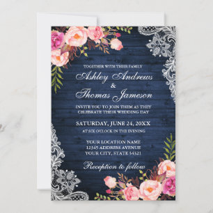 Invitation Mariage Rustique Bleu Bois rose dentelle florale